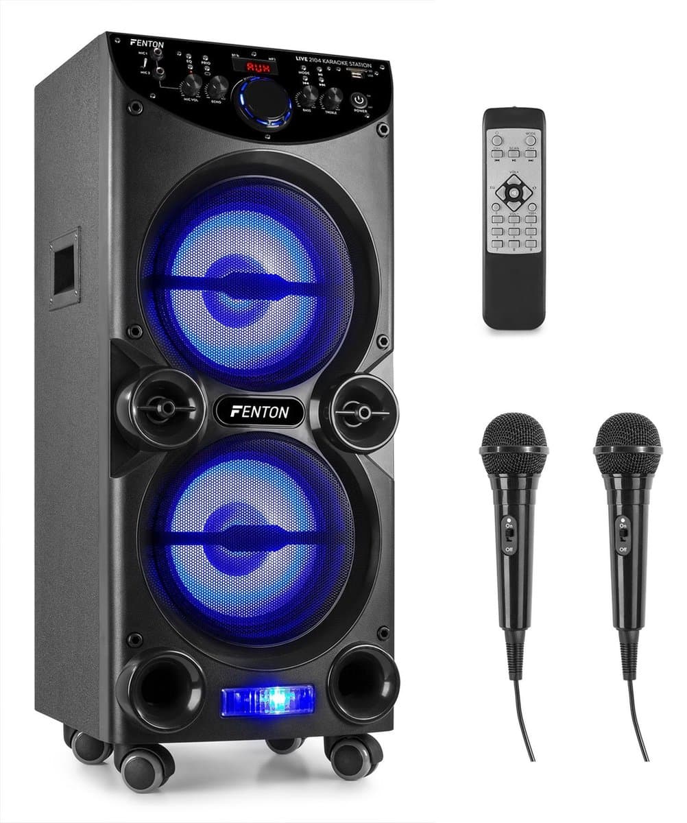 Karaoke set met 2 Microfoons en LED Effect Licht - Fenton LIVE2104 - Bluetooth Speaker - 400 Watt — afbeelding 1
