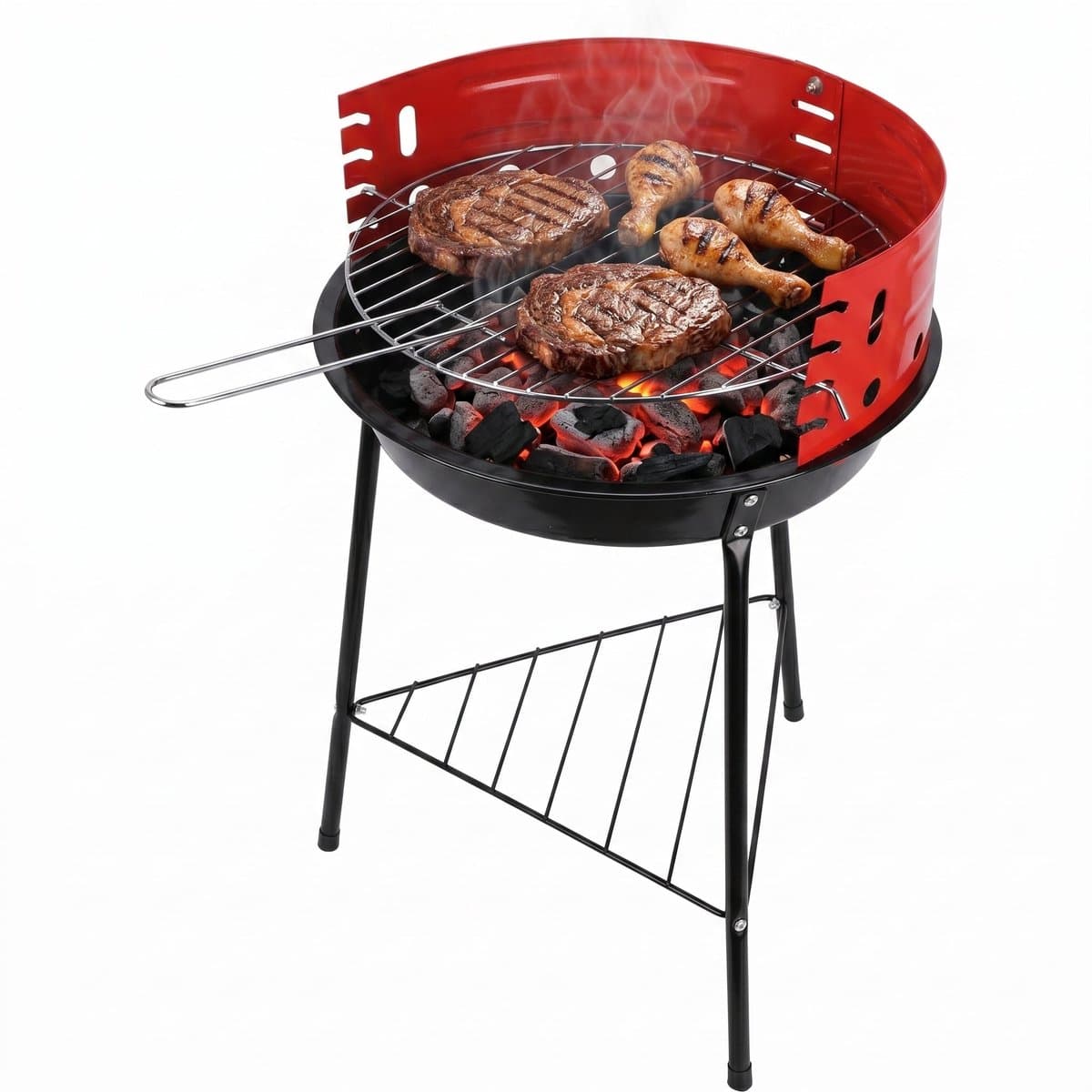 Cheqo® Houtskoolbarbecue - Houtskool Barbecue - Ronde Barbecue - Staande Barbecue - Houtskoolgrill - Tuinbarbecue - Compacte Barbecue voor Balkon en Camping - Barbecue met Verstelbaar Rooster - Houtskool BBQ - Zwart en Rood — afbeelding 1