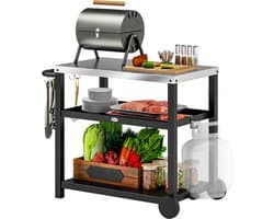 Daity Buitenbarbecuewagen, verplaatsbaar pizzaovenrek met drie niveaus, roestvrijstalen werkblad, verplaatsbare barbecuewagen met haken en wielen, antracietgrijs.