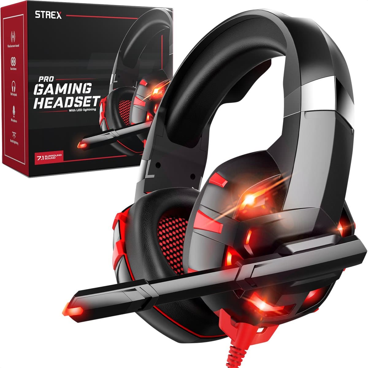 Strex Gaming Headset Met Microfoon - Geschikt Voor PC / PS4 / PS5 / Xbox / Switch - Game Koptelefoon Met Draad - Rood — afbeelding 1