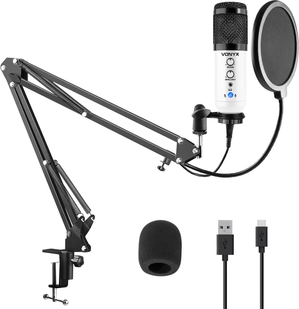 USB microfoon voor pc - Studio microfoon met standaard - Vonyx CMS320 Condensator - Ruisfilter- Wit — afbeelding 1