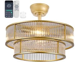 Plafondventilator met Verlichting 50x50x39 cm – Ventilatorlamp met LED-Verlichting – Voor Slaapkamer – Goud + Glass — afbeelding 1