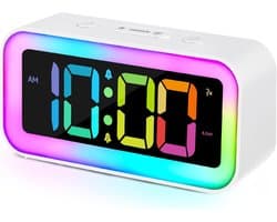 RGB-nachtlampje geschikt voor wekker - Dynamische kleureffecten en dubbele alarmfunctie - Dimbaar LED-slaapkamerwekker geschikt voor USB-oplader - geschikt voor studenten, volwassenen en senioren - Wit