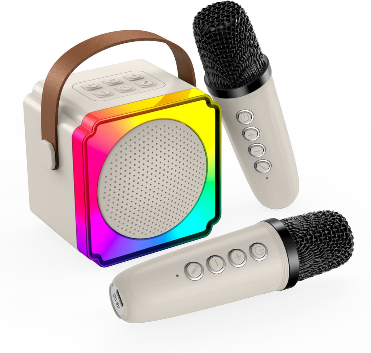 Karaoke Set voor Kinderen met Bluetooth Speaker van MMOBIEL – Met 2 Draadloze Microfoons, LED-verlichting, Geluidseffecten – Feest, Cadeau voor Meisje, Jongen, Kinderen 3+ jaar – Beige — afbeelding 1