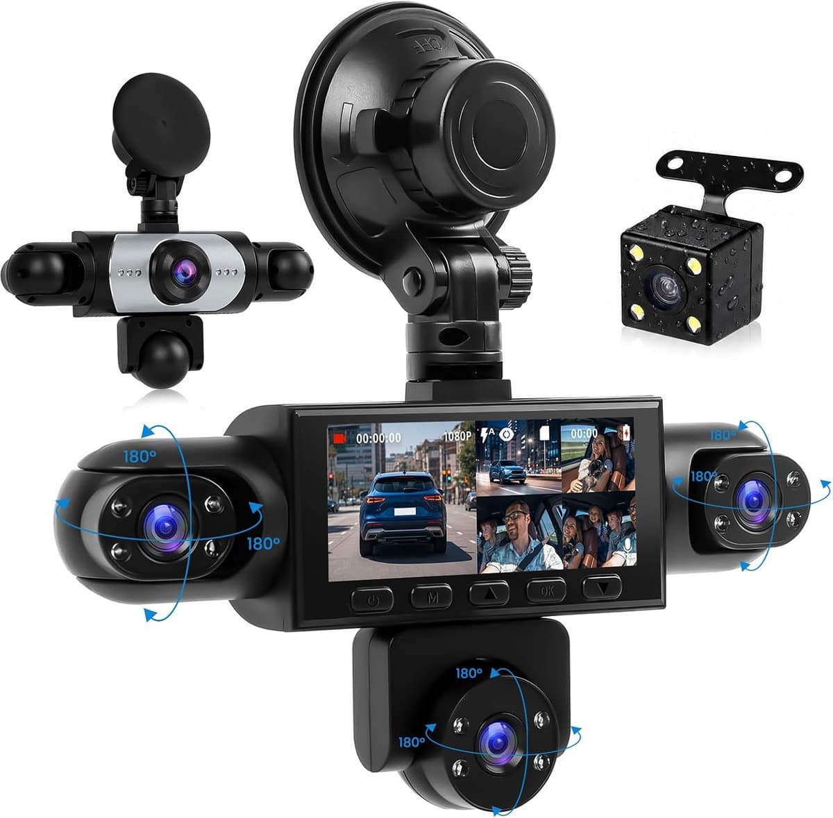 360° Dashcam voor Auto, 5 Camera's 1080P met 3-inch Scherm, voor-, achter-, binnen- en zijcamera's, Loop-opname, Nachtzicht, Bewegingsdetectie, 24-uurs Parkeermodus en Achteruitrijhulp — afbeelding 1