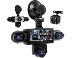 360° Dashcam voor Auto, 5 Camera's 1080P met 3-inch Scherm, voor-, achter-, binnen- en zijcamera's, Loop-opname, Nachtzicht, Bewegingsdetectie, 24-uurs Parkeermodus en Achteruitrijhulp