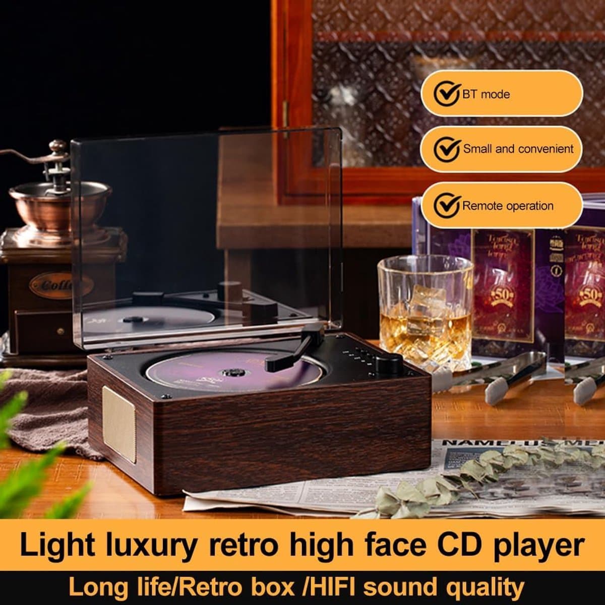 Draagbare cd-speler met Bluetooth en luidsprekers, compacte retro dvd-speler met afstandsbediening, ondersteunt USB/AUX/Type-C, oplaadbare muziekspeler, 3,5 mm AUX desktop cd-speler (walnootkleur) — afbeelding 1