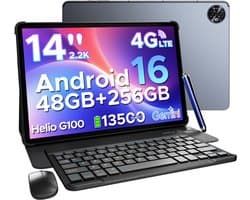 Doogee TAB E3 Max VIP - Tablet - 32 GB RAM + 256 GB ROM /TF 2TB -MTK Helio G100 - 14 inth Ips - Android 16 - 13500mAh - 4G LTE - 5G WLAN - Vier luidsprekers - GPS - Grijs