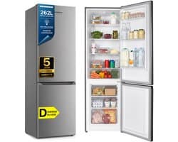 Heinner HC-HM262INVXD Koel-vriescombinatie RVS 262 L – Vrijstaand – Energieklasse D – Instelbare Thermostaat – LED-verlichting met Deuralarm – Omkeerbare Deur – 5 Jaar Garantie
