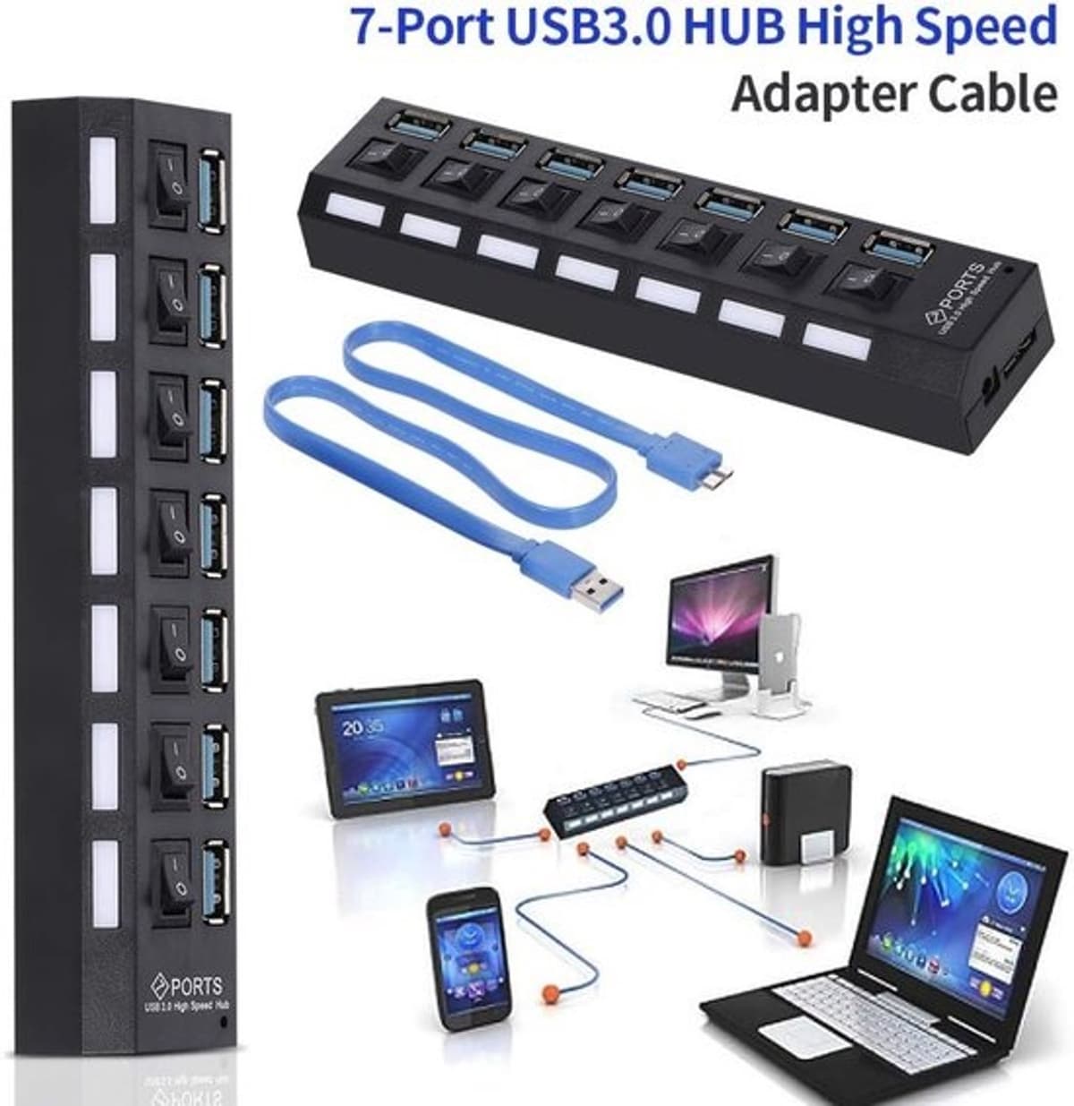 7-poorts USB-hub - USB-splitter en poortuitbreider - Meer aansluitingen creëren - Individuele AAN/UIT-schakelaars - 16.5 cm - Zwart — afbeelding 1