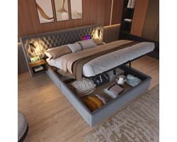 Bedframe 180 x 200 cm, slaapkamer, complete set, hydraulisch gestoffeerd bed met opbergruimte en 2 nachtkastjes, hoofdeinde met led-leeslamp en USB-oplaadfunctie, fluweel, grijs, zonder matras