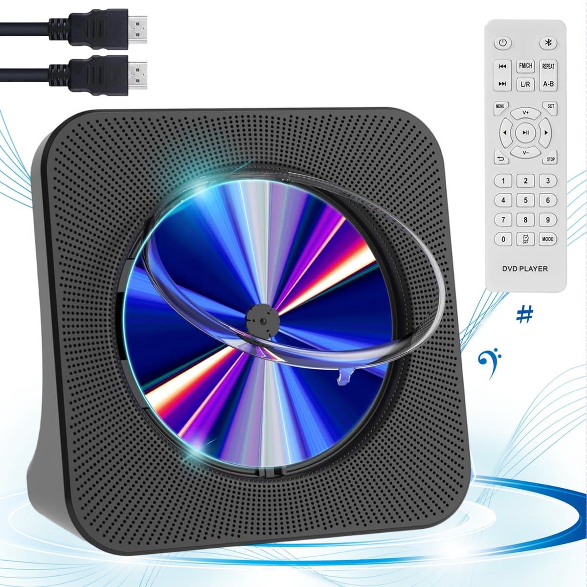 DVD-Speler - CD-Speler met Bluetooth - Multimedia Speler - Bluetooth 5.0 TX/RX - HDMI voor TV en Projector - USB & FM Radio - Stereo Speakers - Voor Muziek en Films - Zwart — afbeelding 1