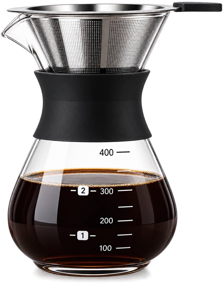 Pour Over Koffiezetapparaat 400 ml – Slow Coffee Maker met Herbruikbaar RVS Koffiefilter – Glazen Koffiekan – Handmatige Dripper voor Filterkoffie — afbeelding 1
