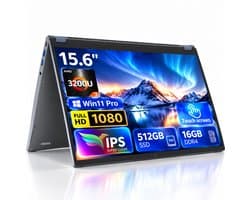Ninkear 15.6" FHD IPS Touchscreen Laptop – 360° Flip 2-in-1 Convertible – AMD Ryzen 3 3200U – 16GB RAM – 512GB SSD – Windows 11 Pro – Dual-Band WiFi – Zilver