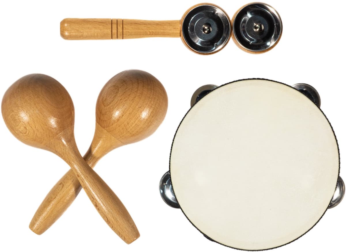 Bryce Percussion Houten Percussie Cadeaubox - Muziekinstrumentenset Kinderen - Tambourijn Maracas Belletjes - 3-delig — afbeelding 1
