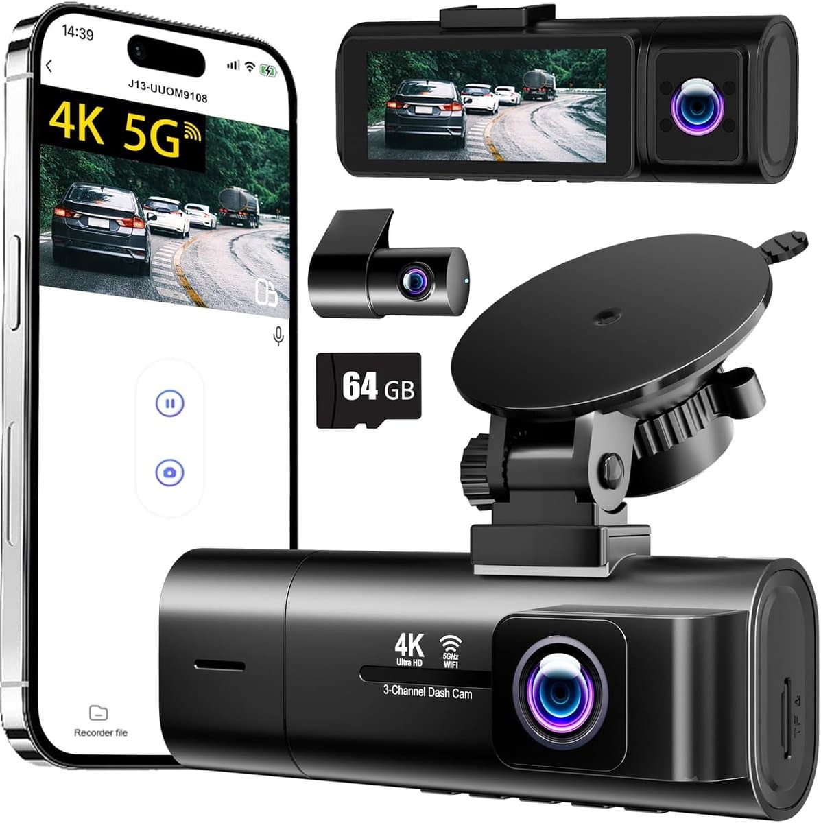 SnelShoppen - Dash Cam 3 Kanaals Voor en Achter, 4K+1080P+1080P Auto Camera met 64GB SD Kaart, 170° Groothoek, Nachtzicht, Parkeerstand, 3.1 Inch Sche — afbeelding 1