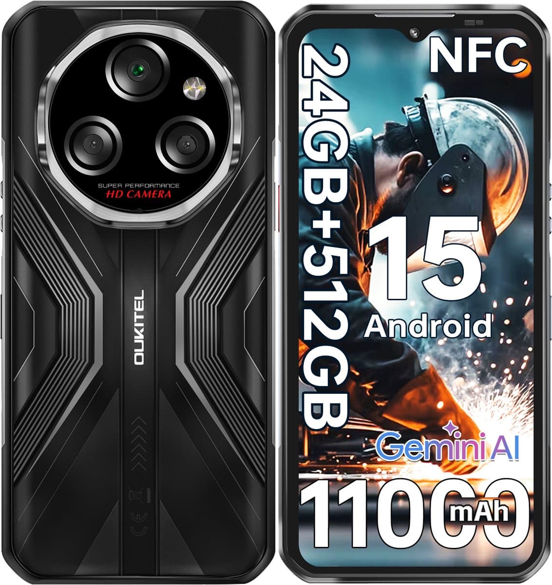 OUKITEL WP55S Outdoor Smartphone 5G-24 RAM-512 ROM-11000 mAh batterij-6.6 inch HD scherm-64MP camera-NFC-Android15 — afbeelding 1