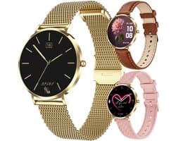 Synyq Liva AMOLED Smartwatch Dames – 40mm – 3 Bandjes - Horloge Dames – Stappenteller - Sporthorloge Dames - Hartslagmeter - Bloeddrukmeter - Slaapmonitor - Geschikt voor iOS/Android - Gold