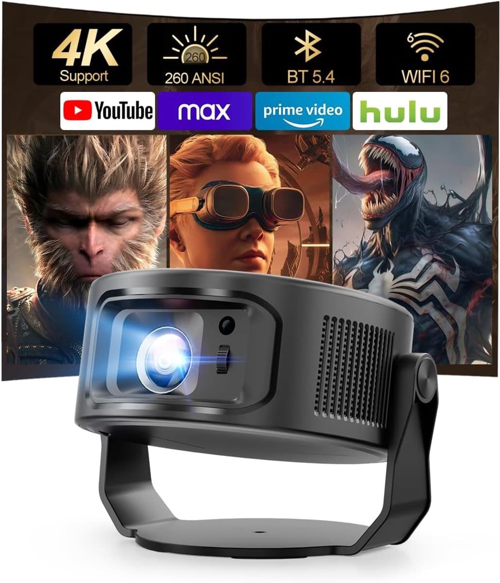 Mini-beamer 4K, 360° + 35° opvouwbare split projector, 260 ANSI wifi 6 en Bluetooth 5.4, automatische trapeziumcorrectie en handmatige focus voor thuisbioscoop — afbeelding 1