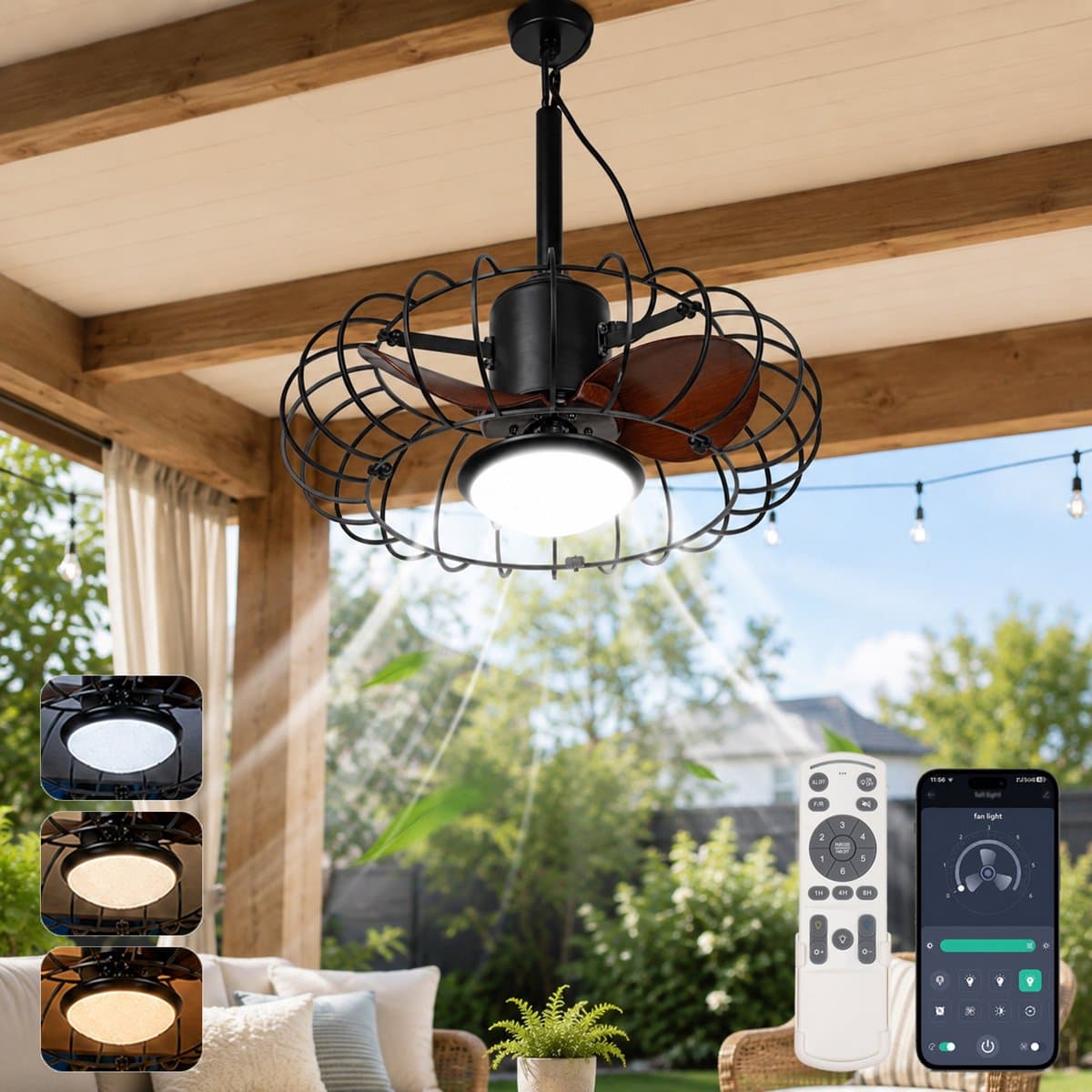 Rosnek IP65 Waterdichte Hangende Tuinventilator met LED Ø 50 cm - Plafondventilator met Lamp Buiten Dimbare - Plug-in Gazebo Fan met Lamp - Plug-in - Remote & App Control - Caged Design - Stille DC-Motor 6 Snelheden - Zwart — afbeelding 1