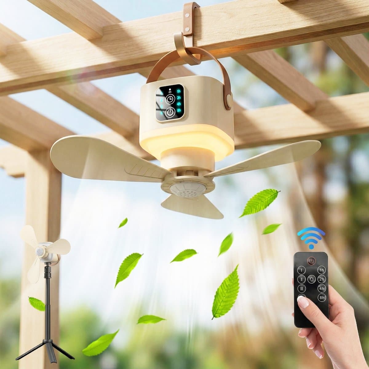 MUPOO Draagbare Oplaadbare Camping plafondventilator met verlichting met Tafelstatief- 7200mAh - Afstandsbediening -4 Standen - Timer & Muggenwerend - Stille Motor & Type-C Opladen- plafonniere met ventilator voor Tent & Overkapping — afbeelding 1