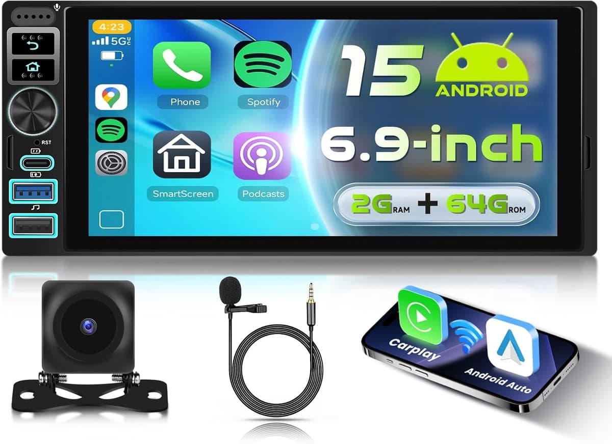 Autostereo 6.9 inch - Android 15 - Bluetooth en Wi-Fi - Eenvoudige app-installatie - ShopVlot — afbeelding 1