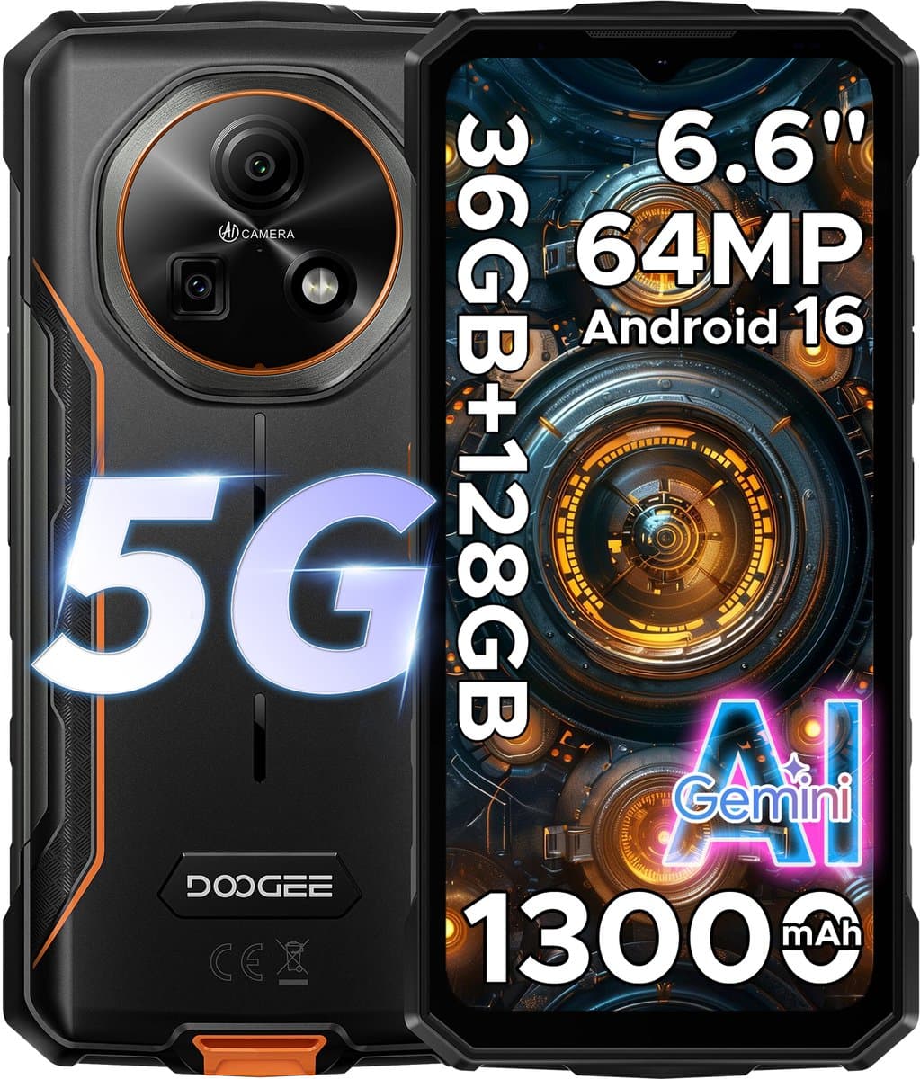 DOOGEE Fire 7 5G - Smartphone - Robuuste Smartphone - 36GB RAM + 128GB ROM/2TB TF - Android 16 - 13000mAh/18W - 6,6 inch HD+ 90Hz Scherm - IP68 Waterdicht - Dimensity 6300 - 64MP AI Camera - Gemini AI - NFC - OTG - 3 Card Slots - Oranje — afbeelding 1