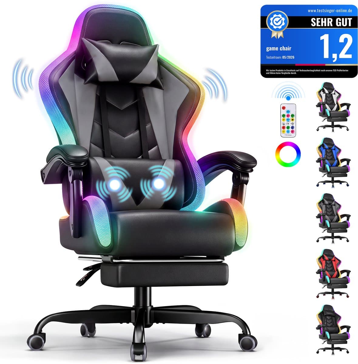 Devoko Game Stoel met ledverlichting-Ergonomische Gamestoel-Gaming chair met voetensteun-Bureaustoel met hoofdsteun en taille massage-Zwart grijs — afbeelding 1