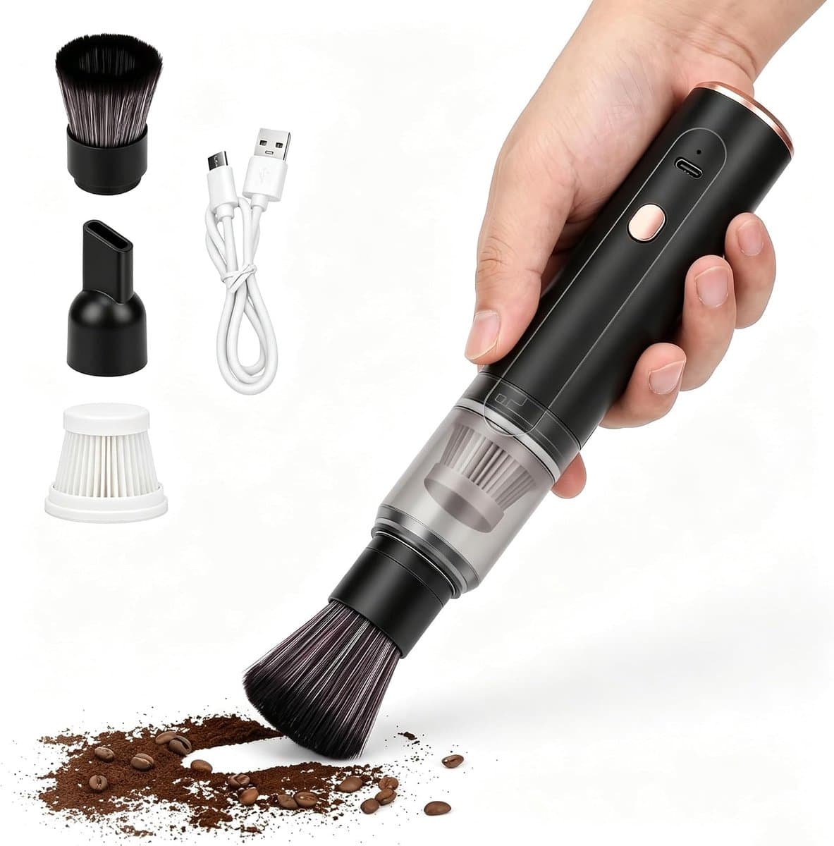KZQ Koffiemolenreiniger – Draadloze mini-stofzuiger voor koffiepoeder – Draagbaar hulpmiddel voor het verwijderen van koffieresten – Geschikt voor auto, huis en kantoor – Draagbare reiniger voor espressomolens (Zwart) — afbeelding 1