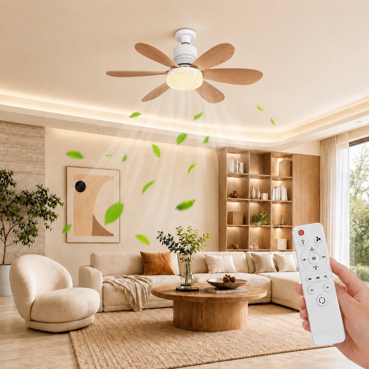 MUPOO Houtlook Plafondventilator met Verlichting E27 Ø52 cm- Stille plafonventilator afstandsbediening- 3 Kleurtemperaturen &3 Snelheden - Timer & Geheugenfunctie-Voor Slaapkamer Keuken Garage — afbeelding 1