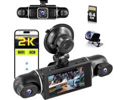 4-kanaals dashcam autocamera met 3 inch IPS, 360° 4-kanaals dashcam auto voor achter 2K + 1080p x 3, autocamera met G-sensor 64GB-kaart, wifi dashcam met app-bediening, loop-opname, nachtzicht