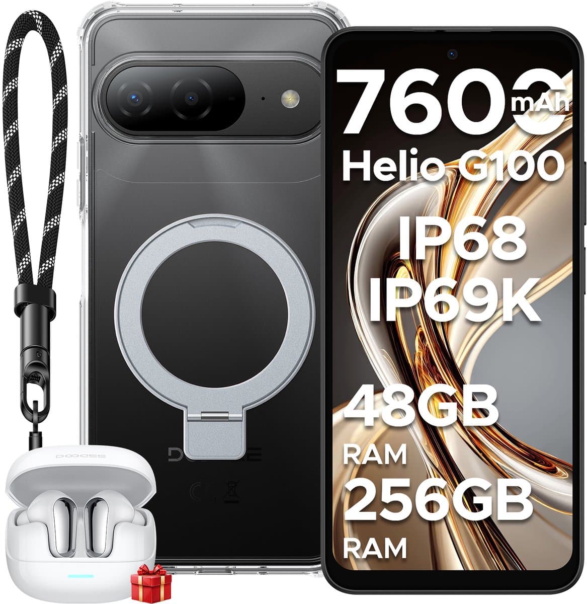 DOOGEE B10 4G VIP - Smartphone - 48GB RAM + 256GB ROM (2TB/TF) - 6,63 inch FHD+ 120Hz - 7600mAh/33W - IP68/IP69K - Android 16 - NFC - Vingerafdruk & Face ID - VIP Accessoirepakket Inclusief Magneethoes, Screenprotector en TWS - Oordopjes - ZWART — afbeelding 1
