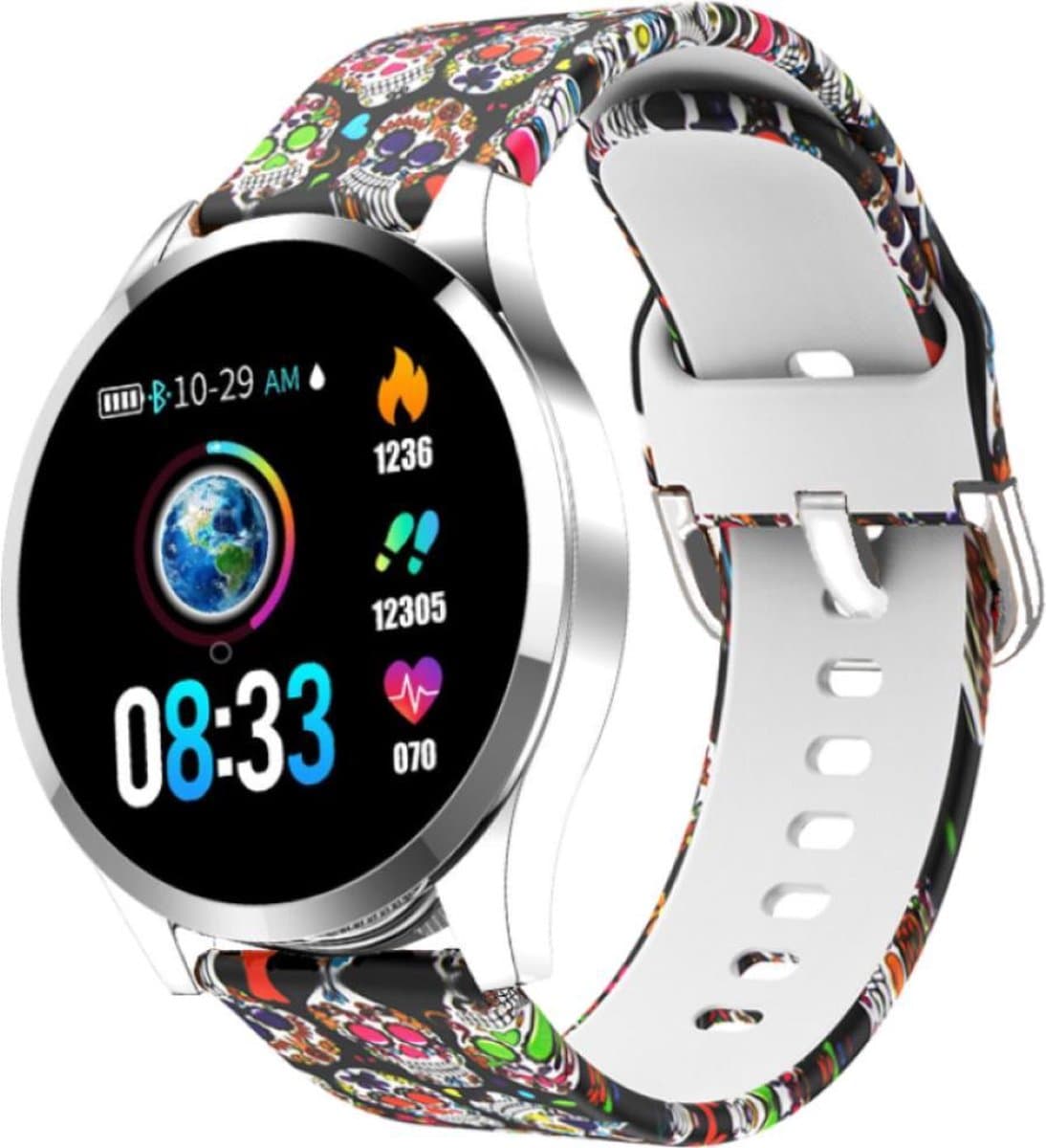 Belesy® BQSiZi8 Skull - Limited edition - Smartwatch Dames - Smartwatch Heren - Horloge - Stappenteller - 1.3 inch - Kleurenscherm - 10x Sporten - INDOOR en OUTDOOR - Zilver - Siliconen — afbeelding 1