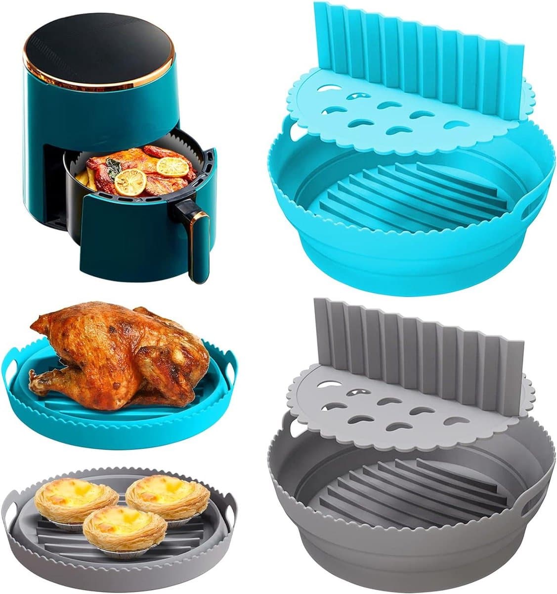 Siliconen vormen voor heteluchtfriteuse - Herbruikbare luchtfriteuse siliconen pot - Opvouwbare anti-aanbaklaag - Ronde luchtfriteuse matten - Met handvat - Airfryer-accessoires - Oven en magnetron - Set van 2 — afbeelding 1