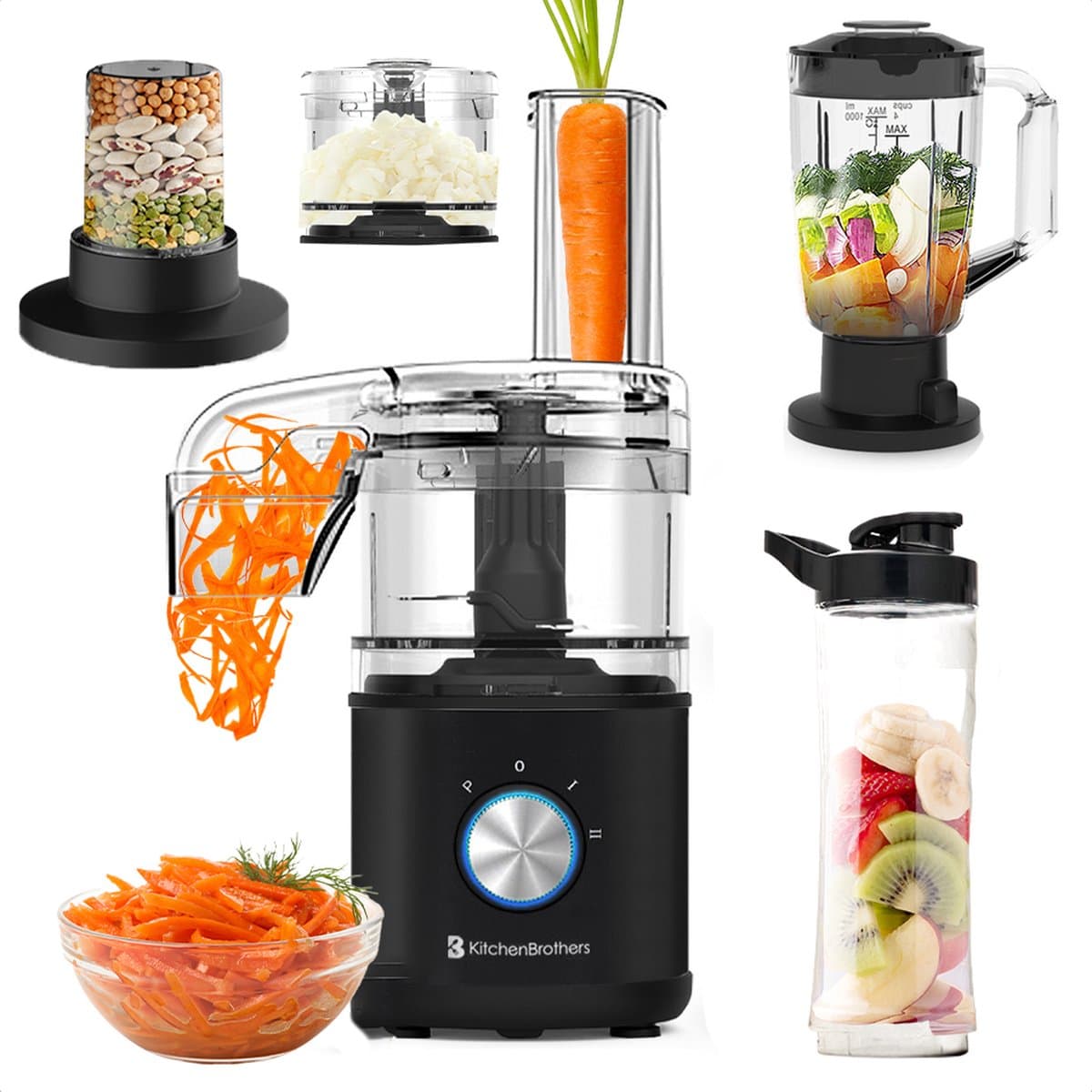 KitchenBrothers Foodprocessor - 5 in 1 Multifunctioneel Model - Hakmolen - Groentesnijder - BPA Vrij - 0,5L - Keukenmachine - Uiensnijder - Zwart — afbeelding 1
