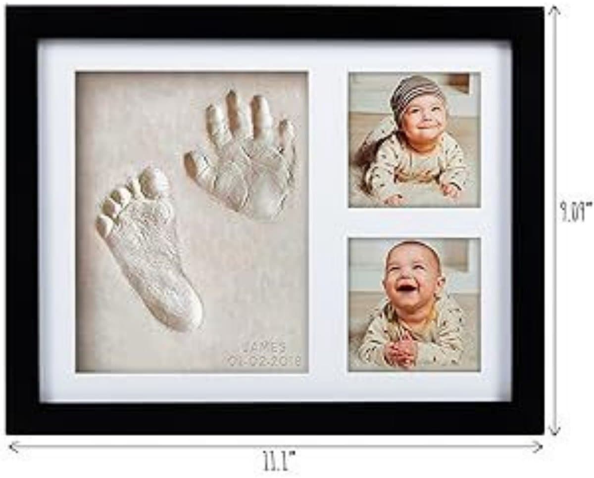 Babyhand- en voetafdrukset - sneldrogende klei babyvoetafdrukset, pasgeboren aandenken, kinderkamer fotolijst voor jongens, meisjes, gepersonaliseerde cadeaus voor douche en register (Zwart) — afbeelding 1