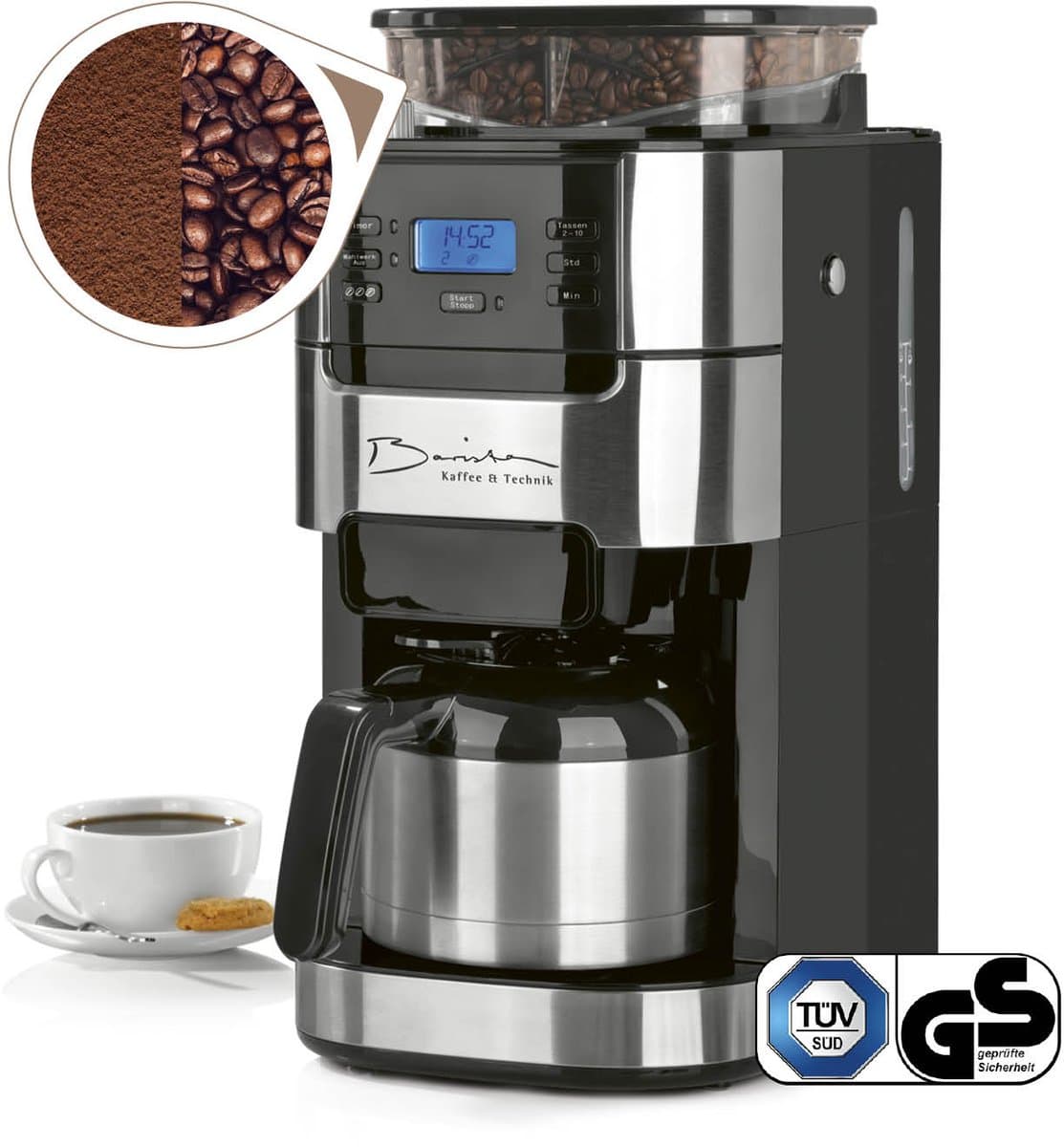 Barista Filterkoffiezetapparaat met Bonenmaler – Warmhoudfunctie, 24-uurs Timer, Permanent Filter – 10 Kopjes – Voor Bonen en Gemalen Koffie – Roestvrij Staal/Zwart — afbeelding 1