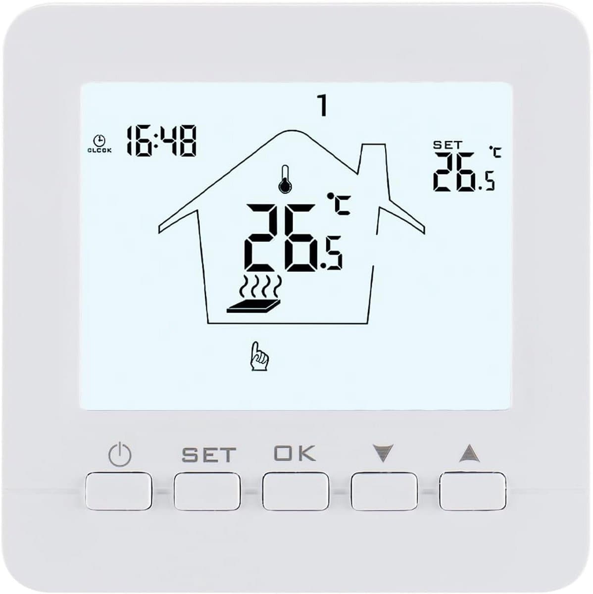 Wengart heating thermostats WG02B05, 7-day programmable LCD display touch screen AC230V Max3A work for underfloor heating white backlight — afbeelding 1