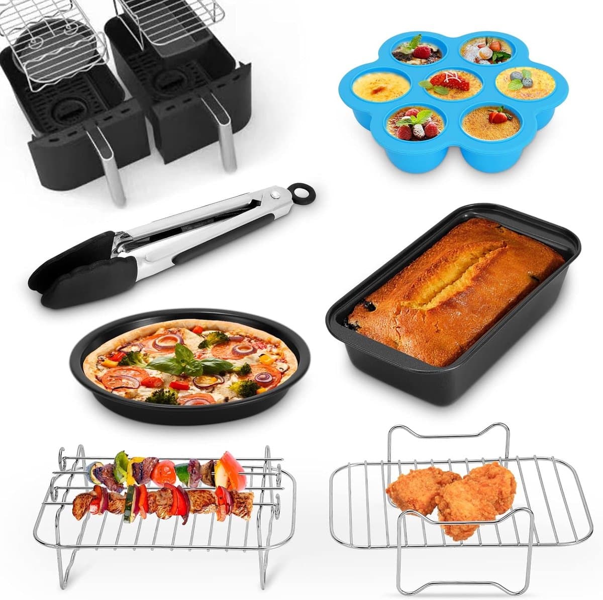 6-delige accessoires voor luchtfriteuse, Gescht voor Ninja Foodi AF300EU, AF400EU, Tower T17088, dubbele luchtfriteuse, 7,6 l / 9,5 l, keukengerei, set met pizza-tablet, metalen broodtrommel — afbeelding 1