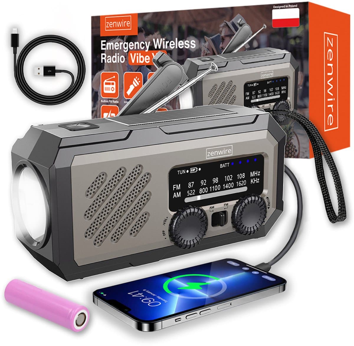 Zenwire Vibe Y2 Noodradio - FM/AM - Solar - Handzwengel - Powerbank — afbeelding 1