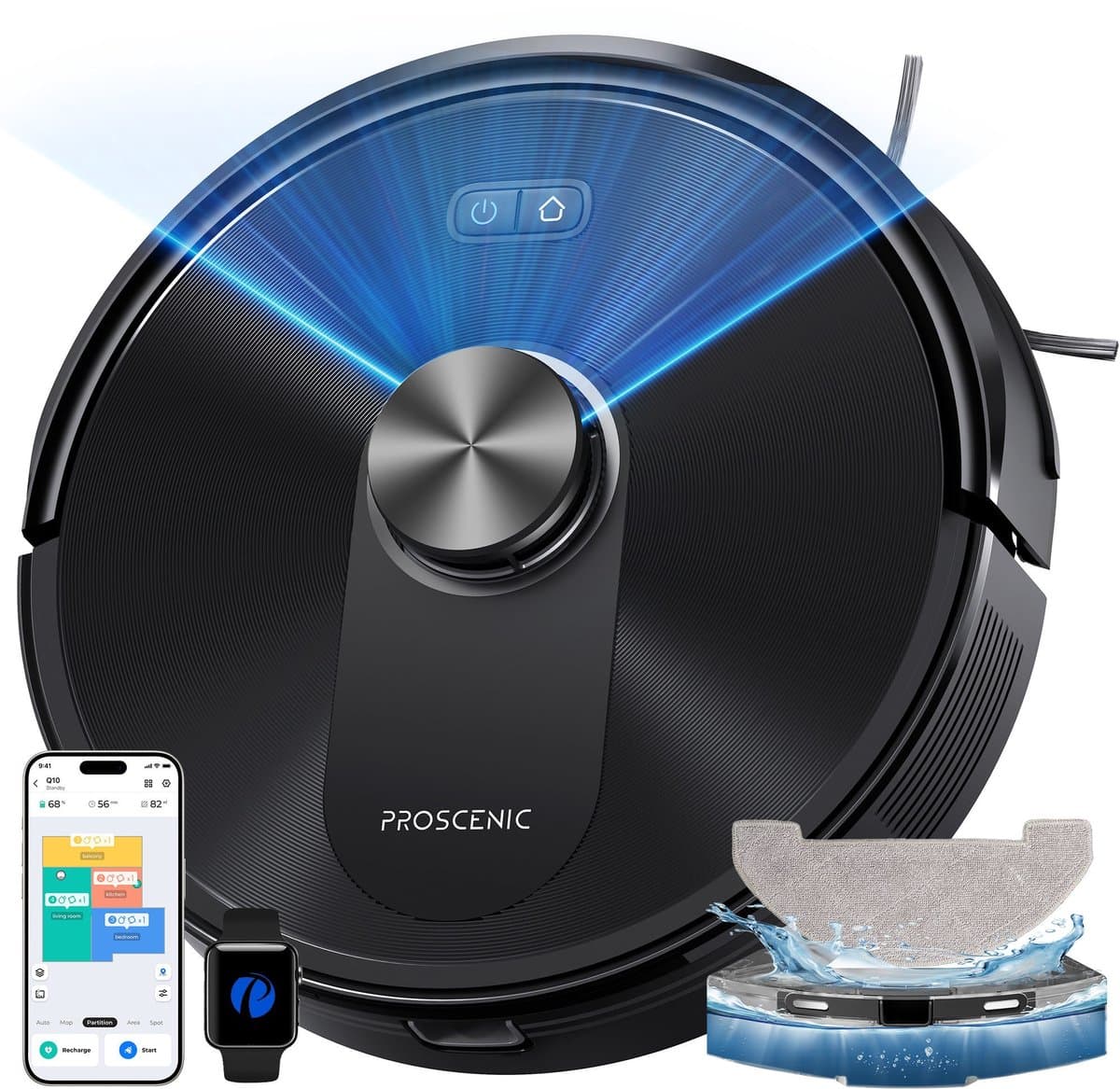 Proscenic Q10 robotstofzuiger combineert stofzuigen en dweilen in één apparaat: 8000 Pa zuigkracht, 200 minuten/230 m² accuduur, LiDAR, obstakeldetectie, bedienbaar via Alexa, Siri en Apple Watch, geschikt voor harde vloeren en tapijten. — afbeelding 1
