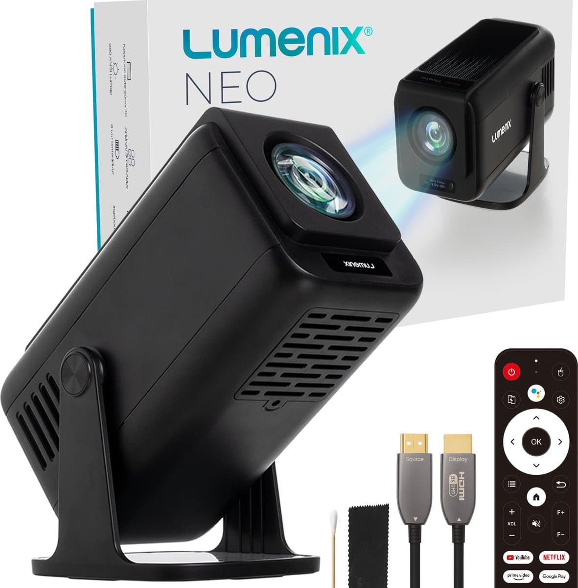 Lumenix® NEO Mini Beamer – Full HD Projector met Netflix, Android 13, WiFi 6 & Bluetooth 5.0 – Autofocus & 4D Keystone – Thuisbioscoop Beamer – Zwart — afbeelding 1