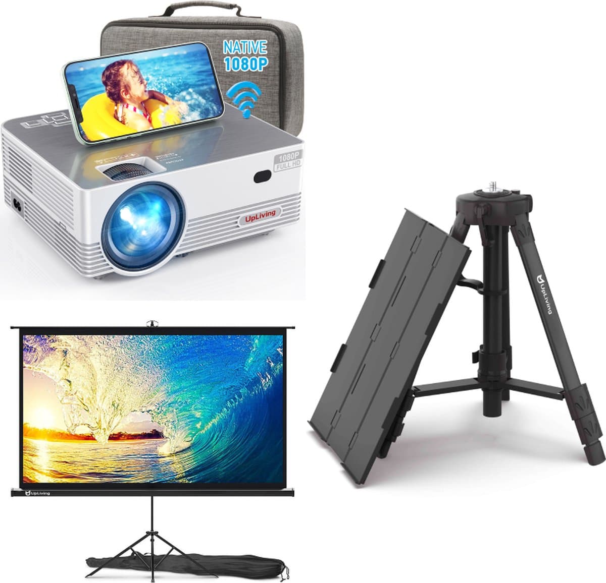 UpLiving® LCD Mini Beamer | met Beamertafel | met Tripodprojectiescherm 171 cm breed | 16:9 | Met WiFi | Met Bluetooth | Native Full HD | 10.000:1 Contrastratio | 8.000 Lumen | Projector - Mini Beamer - Afstandsbediening - Draagtas — afbeelding 1