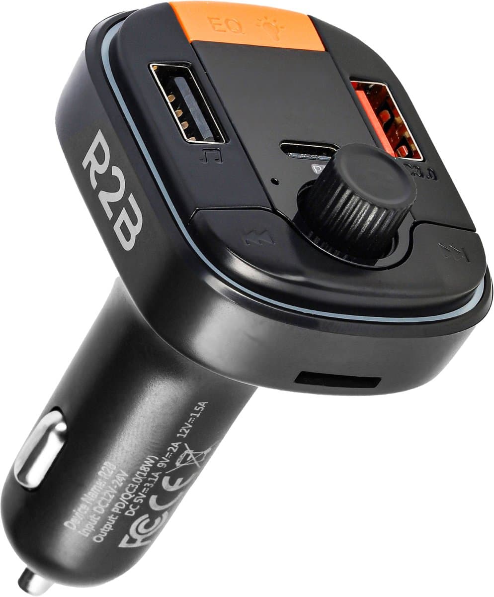 R2B Bluetooth Transmitter Auto - FM Transmitter - Bluetooth Receiver - Autolader - Carkit - USB C en USB A & Micro SD Poort - Auto Accessoires — afbeelding 1
