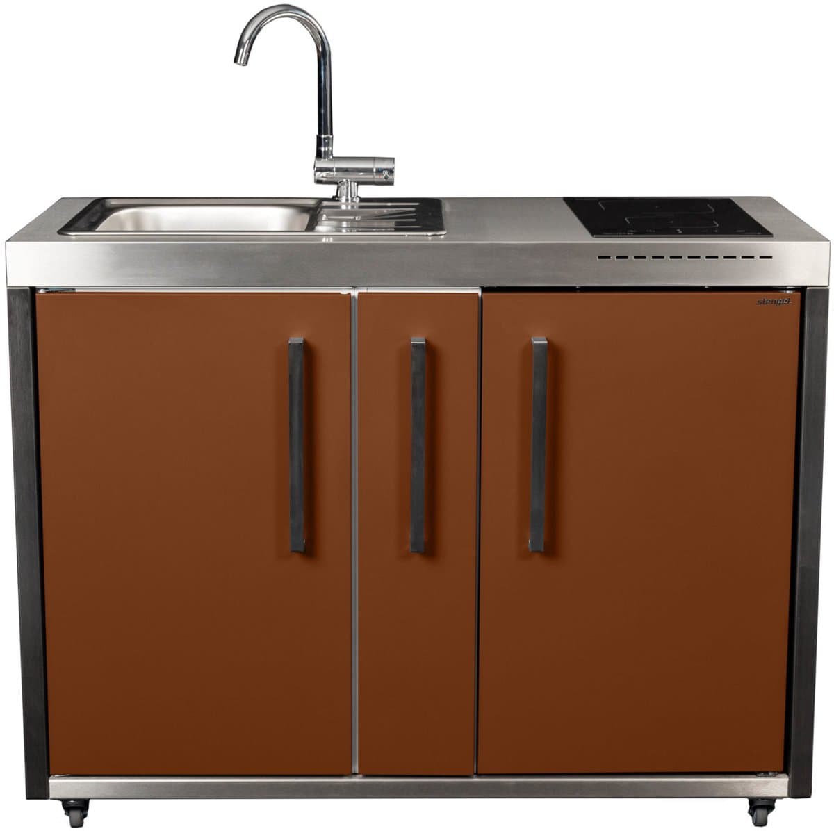 Minikeuken BeNeLux Stengel MO120 A voorgemonteerde metalen outdoor keuken met koelkast - inductie kookplaat - water en electriciteits aansluiting inclusief alle toebehoren Lava Bruin — afbeelding 1