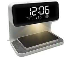 Digitale Wekker - Wake Up Light - Wekker met Draadloze Oplader - Twee Alarmen - Dimbaar - Kinderwekker - Instelbare Nachtlamp - Wit