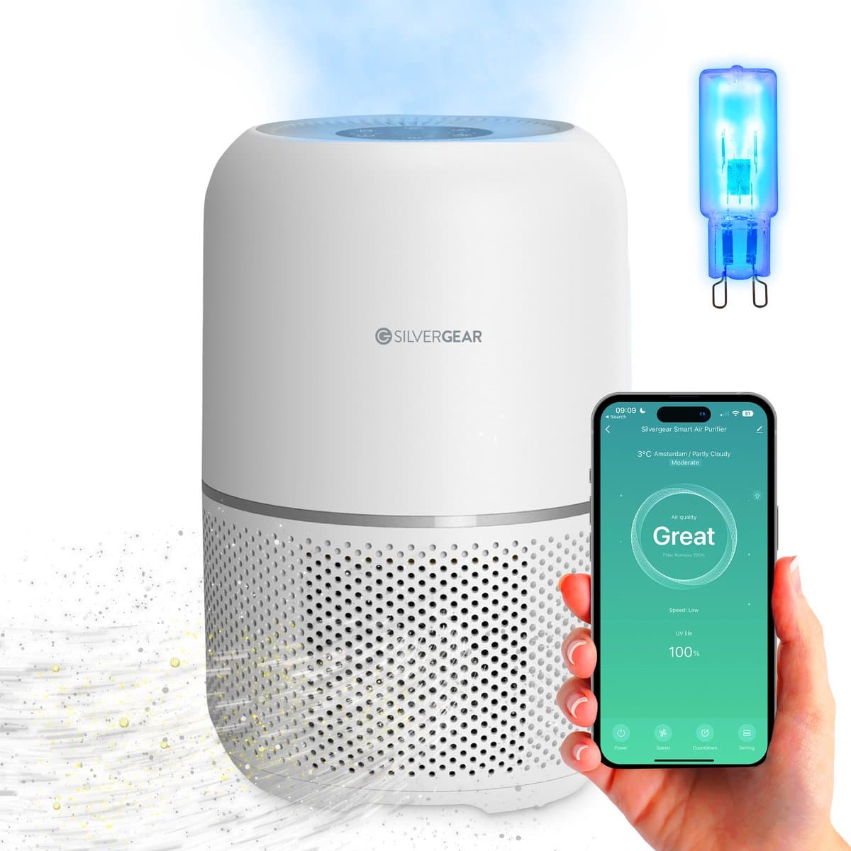 Luchtreiniger Pro met App en Vervangbare HEPA 13 Filter en UV-Lamp - Air Purifier - 165m3/u - Air Cleaner - 4 Standen - Koolstoffilter - Tegen Hooikoorts, Huisstofmijt, Allergie, Stof, Geur, Rook - Wit - Silvergear — afbeelding 1