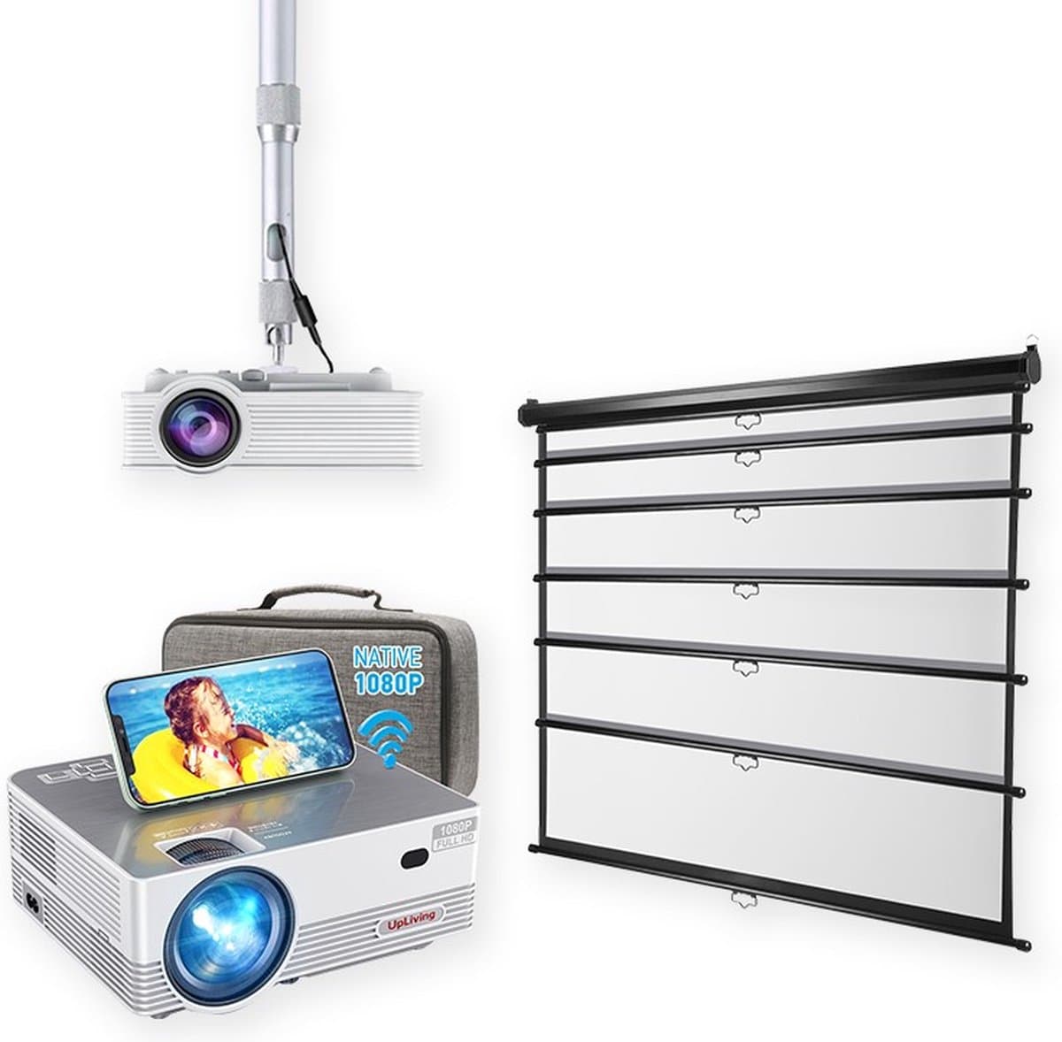 UpLiving® LCD Mini Beamer met Behuizing | Behuizing Zwart en 236cm Breed | 100 inch 16:9 | projectiescherm en beugel | Met WiFi | Met Bluetooth | Native Full HD | 10.000:1 Contrastratio | 8.000 Lumen | Projector - Afstandsbediening - Draagtas — afbeelding 1