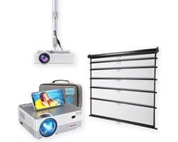 UpLiving® LCD Mini Beamer met Behuizing | Behuizing Zwart en 236cm Breed | 100 inch 16:9 | projectiescherm en beugel | Met WiFi | Met Bluetooth | Native Full HD | 10.000:1 Contrastratio | 8.000 Lumen | Projector - Afstandsbediening - Draagtas