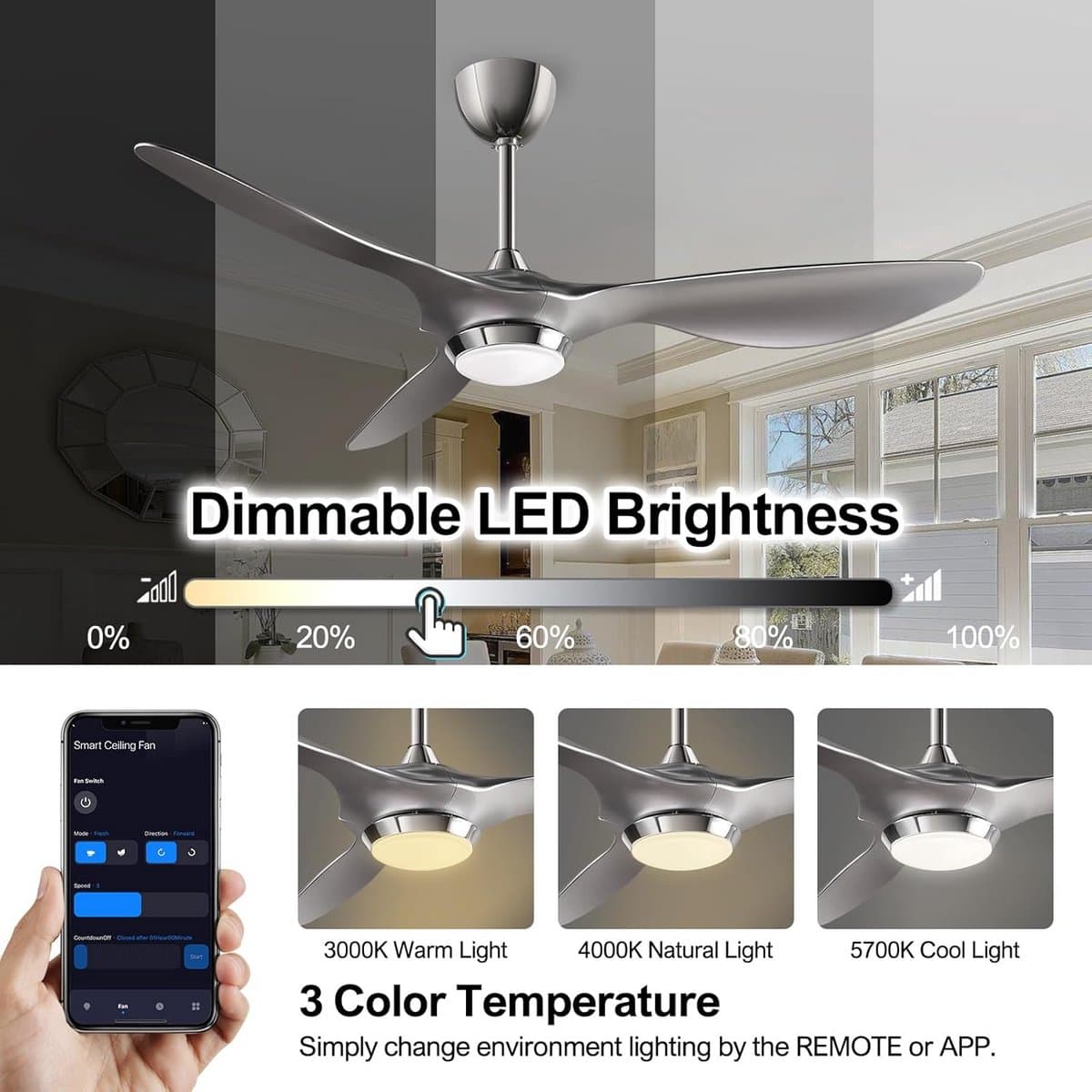 Smart Plafondventilator - Ventilator met Lamp - Comfort Verhogend - App en Spraakbesturing - 132 cm Diameter - Zilverkleurig — afbeelding 1
